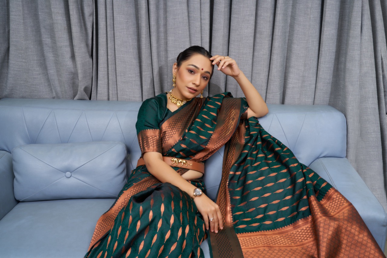 Pure Banarasi Silk Copper Zari Weaved Rich Pallu And Border Sarees