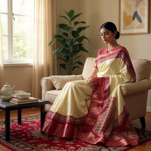 Image of Cream Pure Dola Rico Silk Zari Weaved Red Border Saree