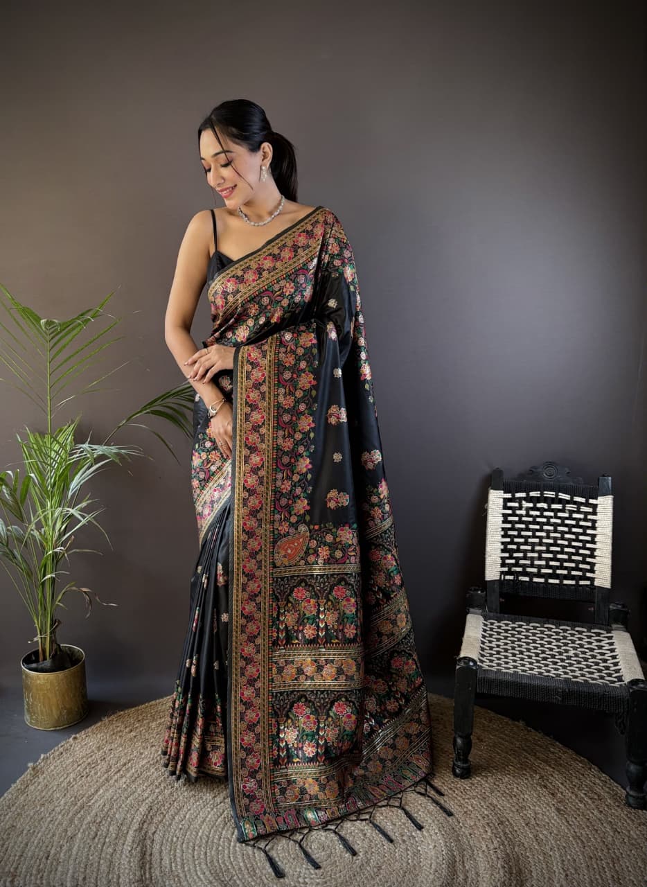 Jet Black Pure Kashmiri Pashmina Silk Meena Weaved Saree