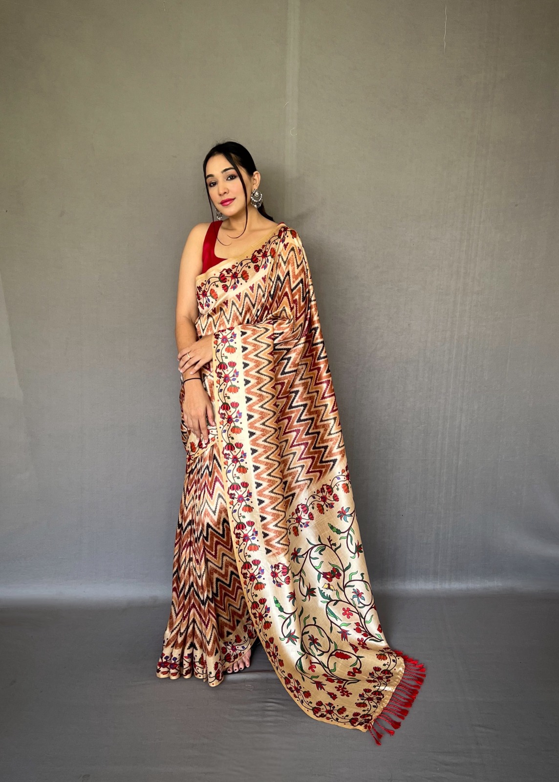 Soft Silk Paithani Style Printed All Over With Tassels On Pallu Saree