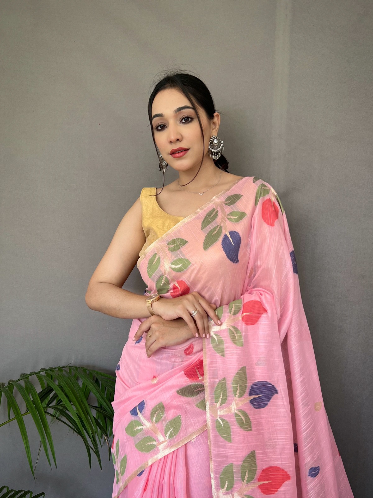 Pure Linen Jamdani Multi Color Meenakari Weaved With Rich Pallu Sarees