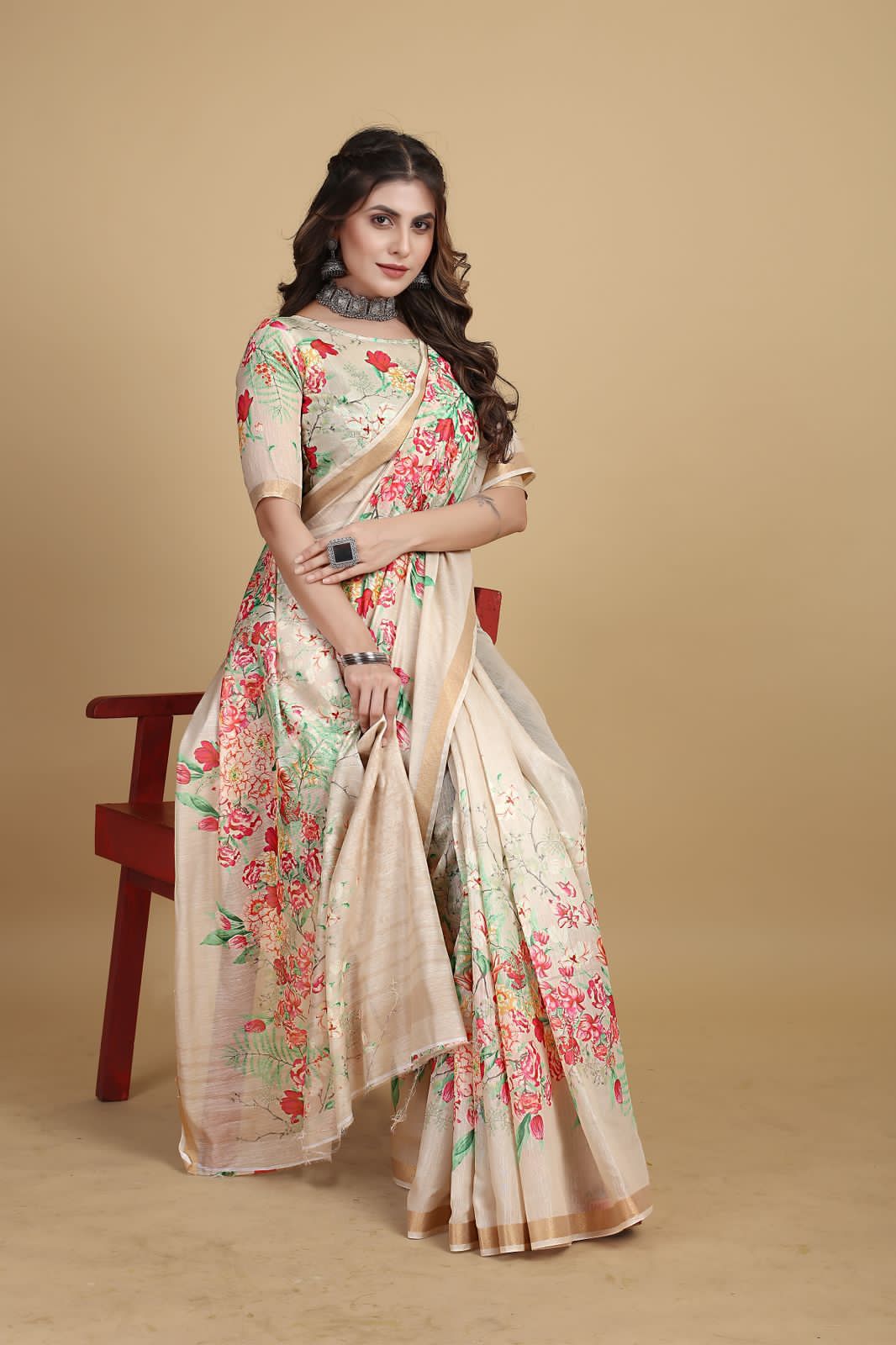 Pure Linen Digital Floral Printed With Tiny Zari Border Saree