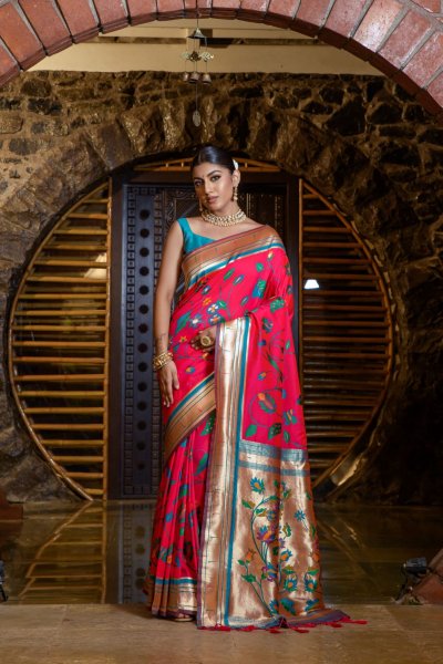 Image of Pure Banarasi Silk Paithani Zari Meena Kari Weaved Rich Pallu Sarees