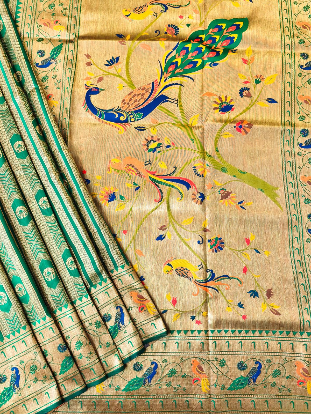 Green Premium Soft Paithani Silk Rich Zari Meena Weaved Saree