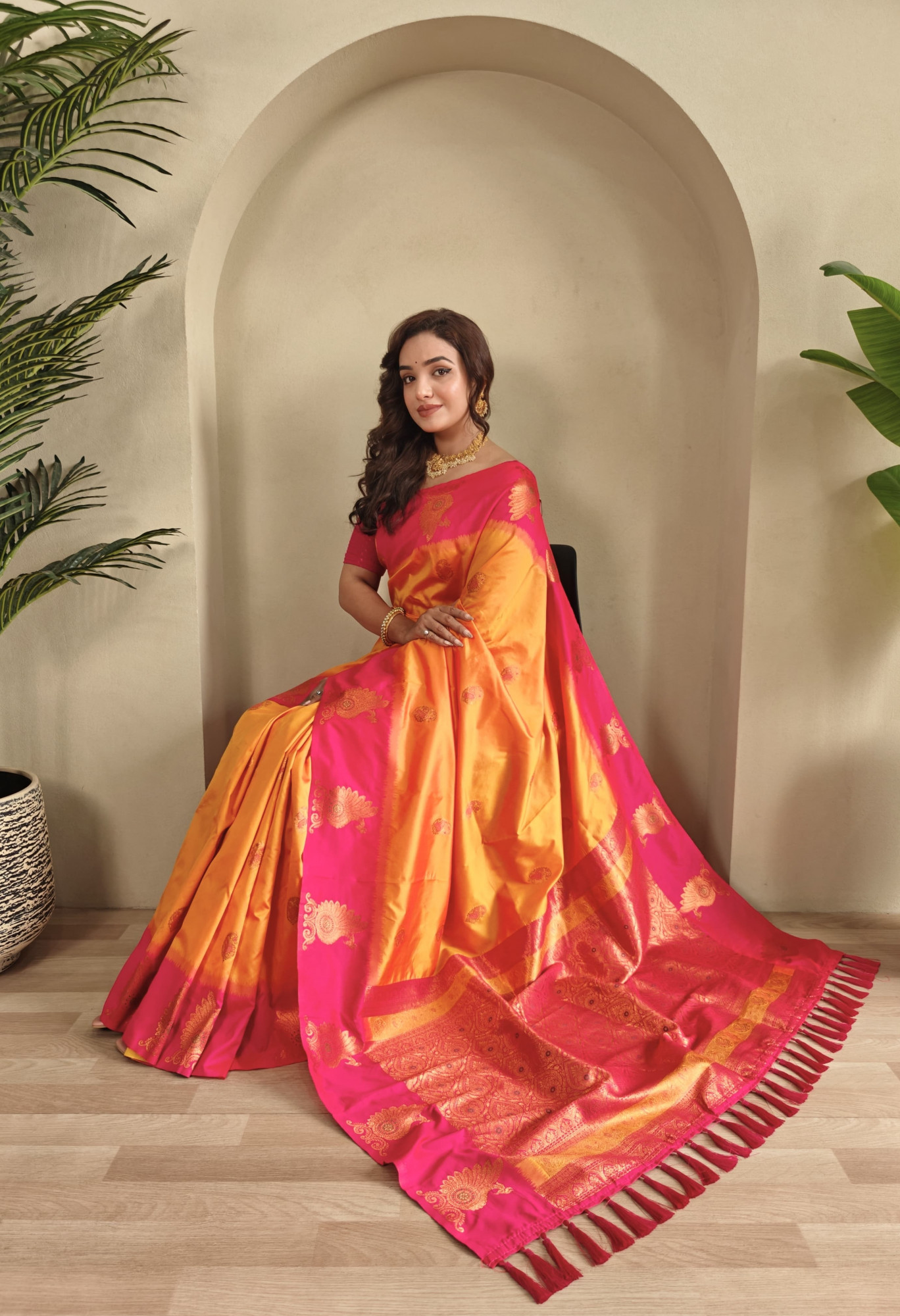 Gold Banarasi Silk All Over Zari Weaved Body Motifs Border Rich Pallu Saree