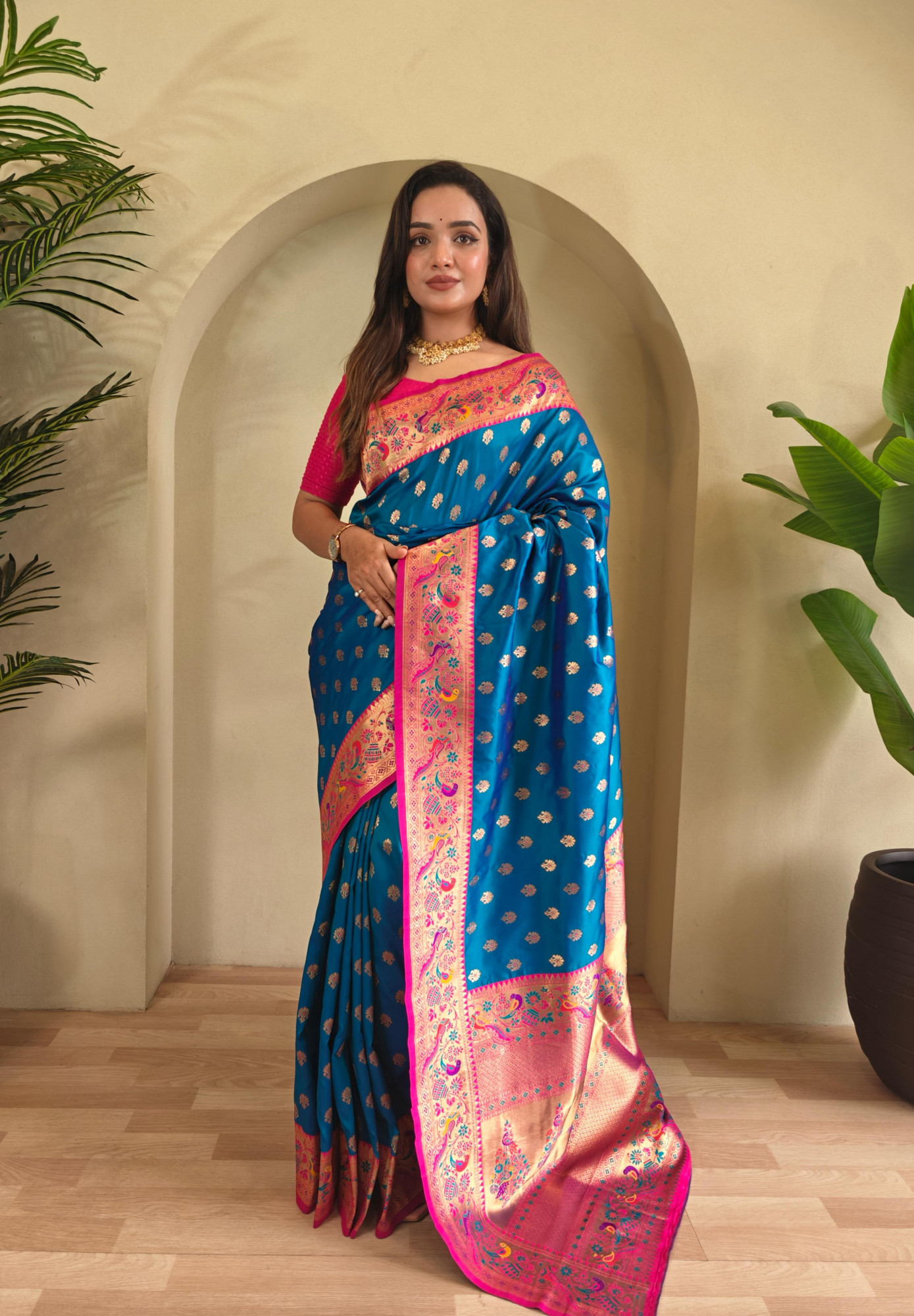 Blue Banarasi Paithani Silk Zari Meena Weaved Contrast Saree
