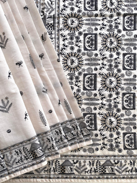 Image of Off White Pure Tussar Black Resham Embroidery Work Saree