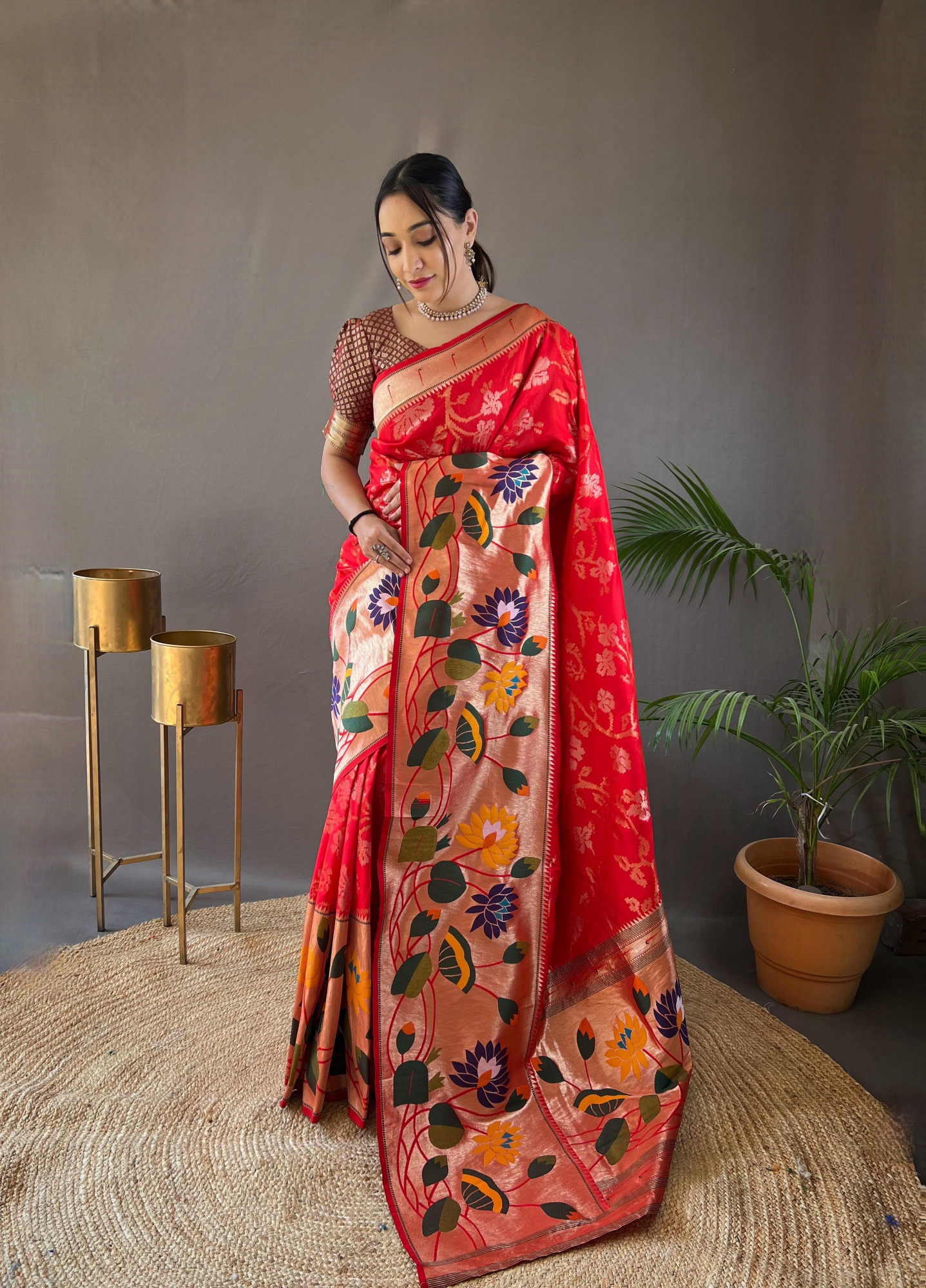 Red Banarasi Paithani Silk Rich Zari Meenakari Weaved Saree