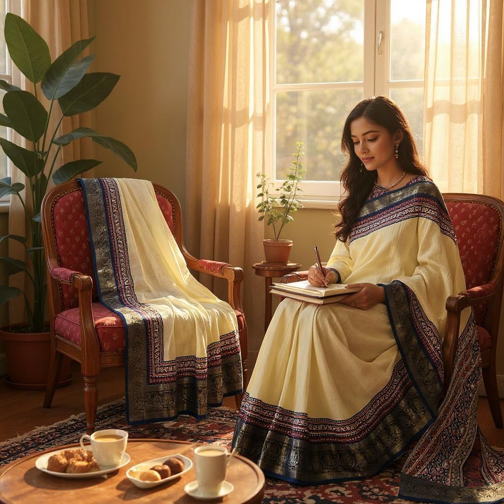 Cream Pure Dola Rico Silk Zari Weaved Blue Border Saree