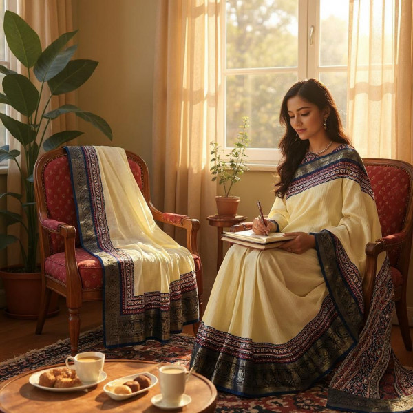 Image of Cream Pure Dola Rico Silk Zari Weaved Blue Border Saree