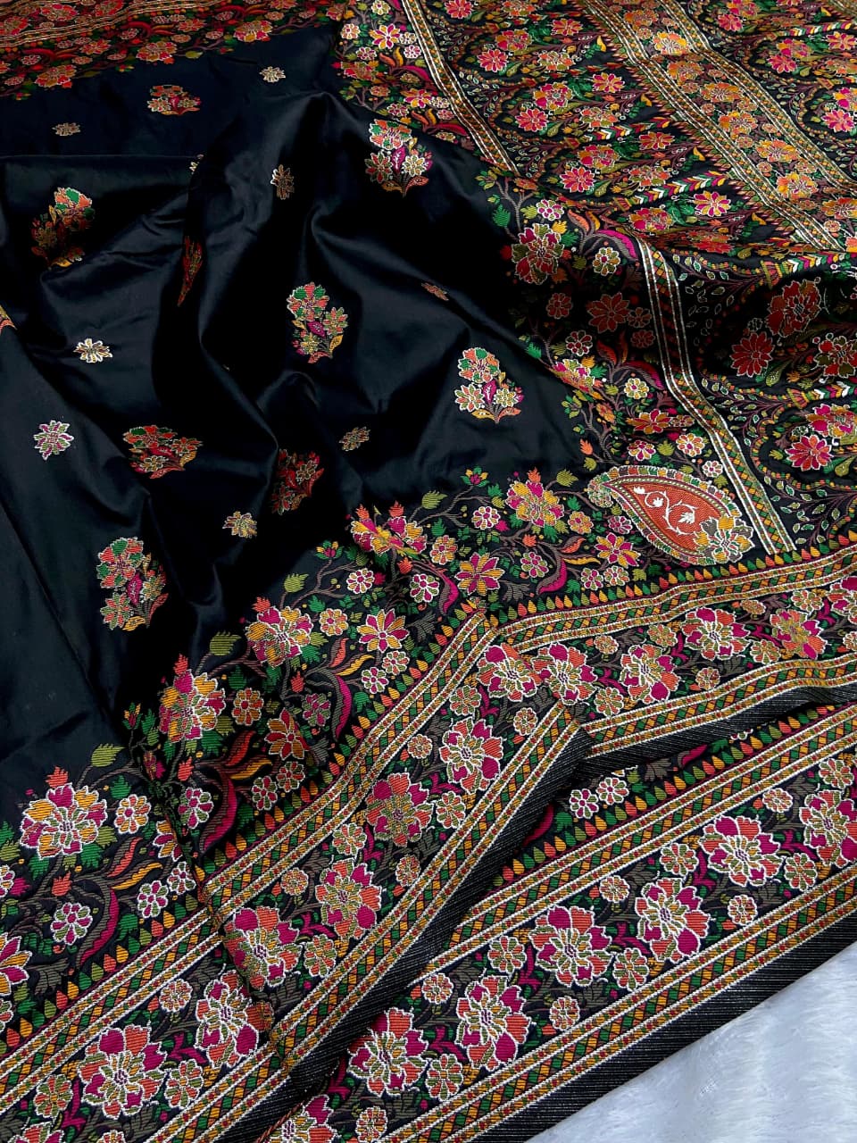 Jet Black Pure Kashmiri Pashmina Silk Meena Weaved Saree