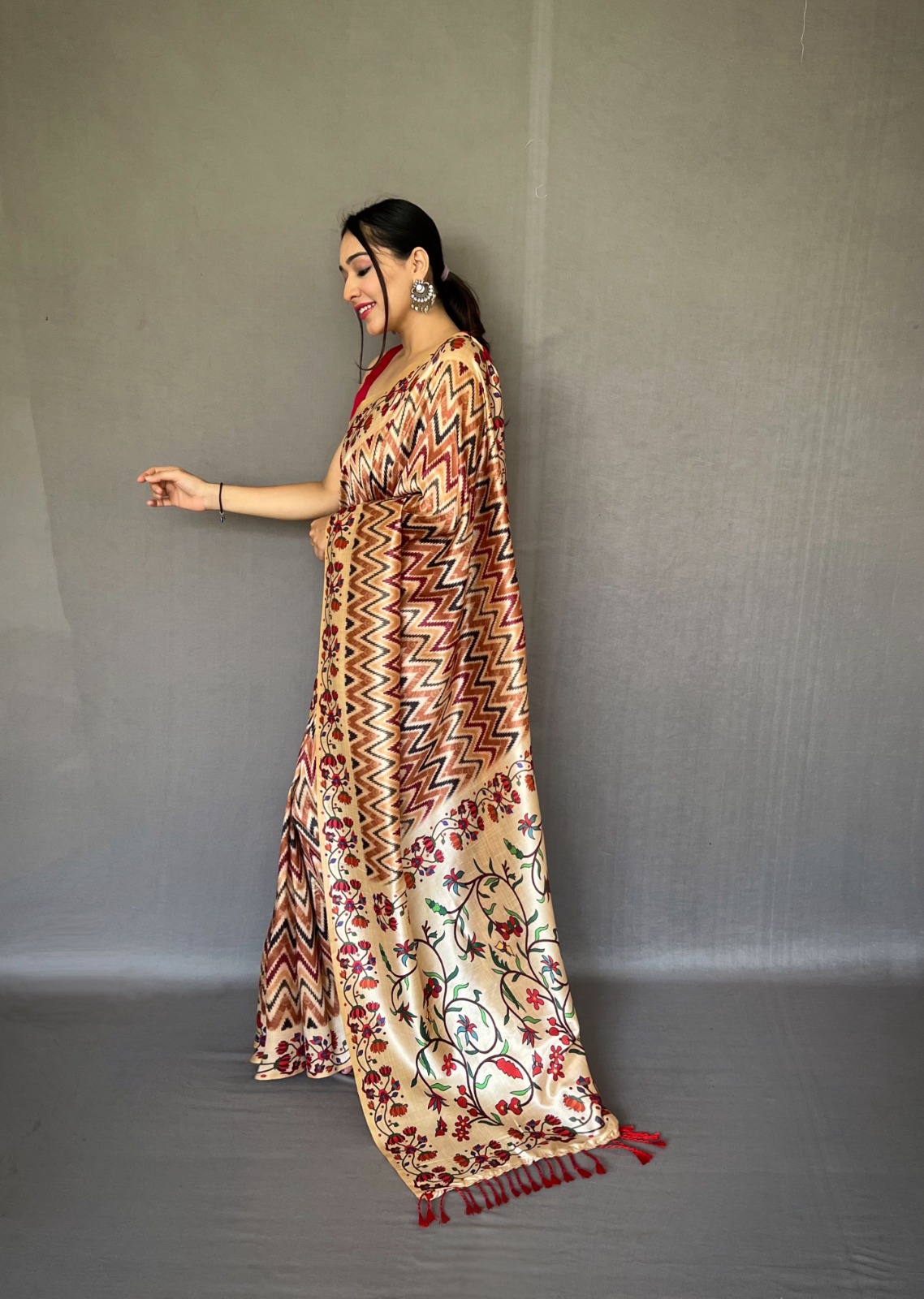 Soft Silk Paithani Style Printed All Over With Tassels On Pallu Saree