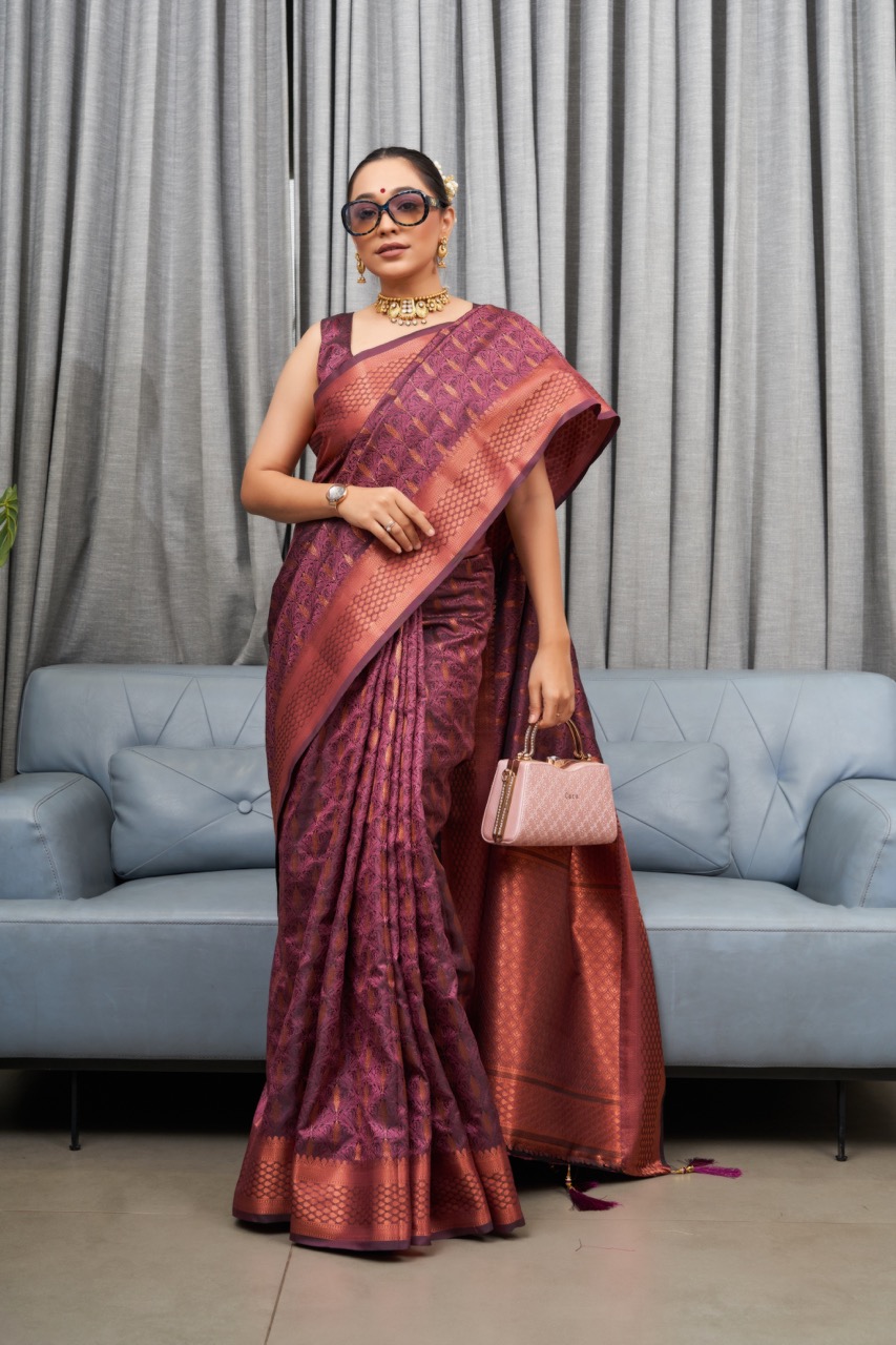 Pure Banarasi Silk Copper Zari Weaved Rich Pallu And Border Sarees