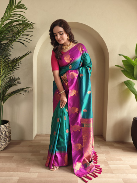 Image of Jade Green Banarasi Silk All Over Zari Weaved Body Motifs Border Rich Pallu Saree