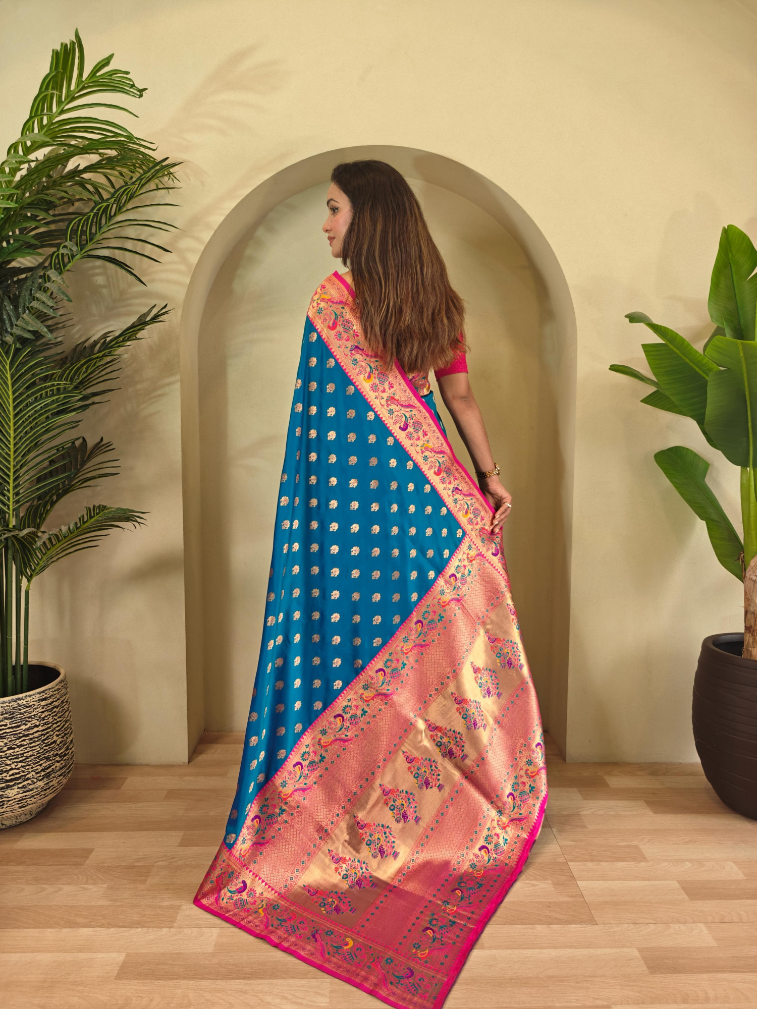 Blue Banarasi Paithani Silk Zari Meena Weaved Contrast Saree