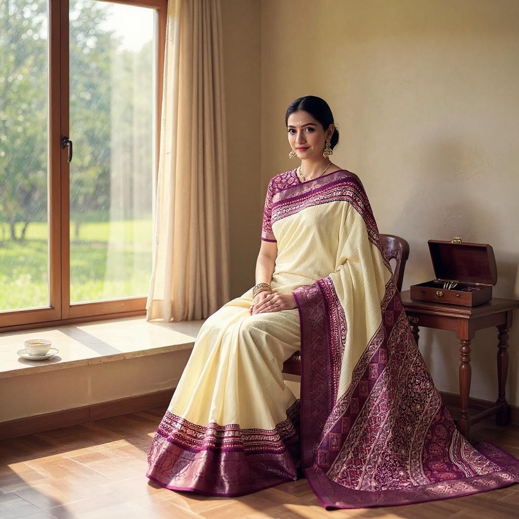 Cream Pure Dola Rico Silk Zari Weaved Purple Border Saree