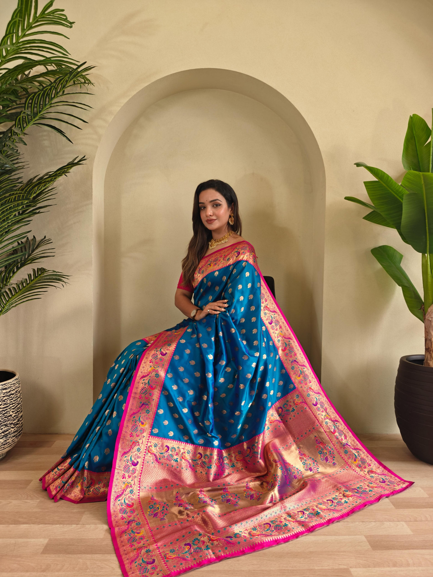Blue Banarasi Paithani Silk Zari Meena Weaved Contrast Saree