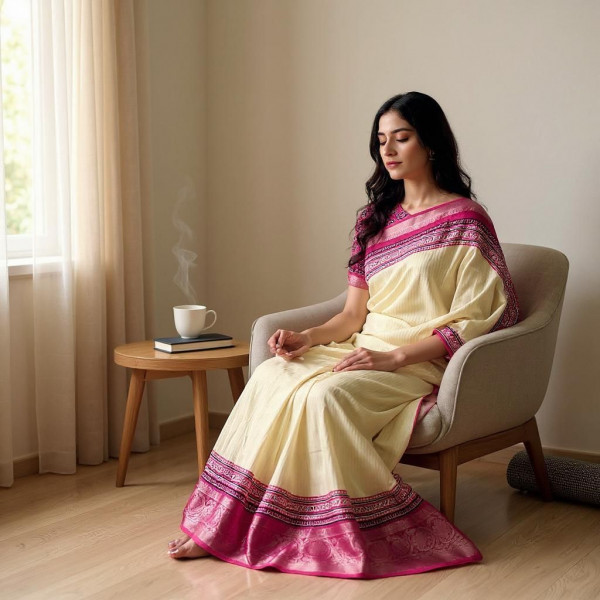 Image of Cream Pure Dola Rico Silk Zari Weaved Raani Border Saree