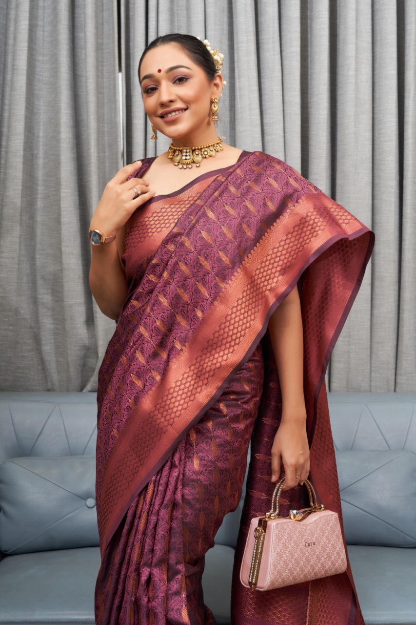 Pure Banarasi Silk Copper Zari Weaved Rich Pallu And Border Sarees