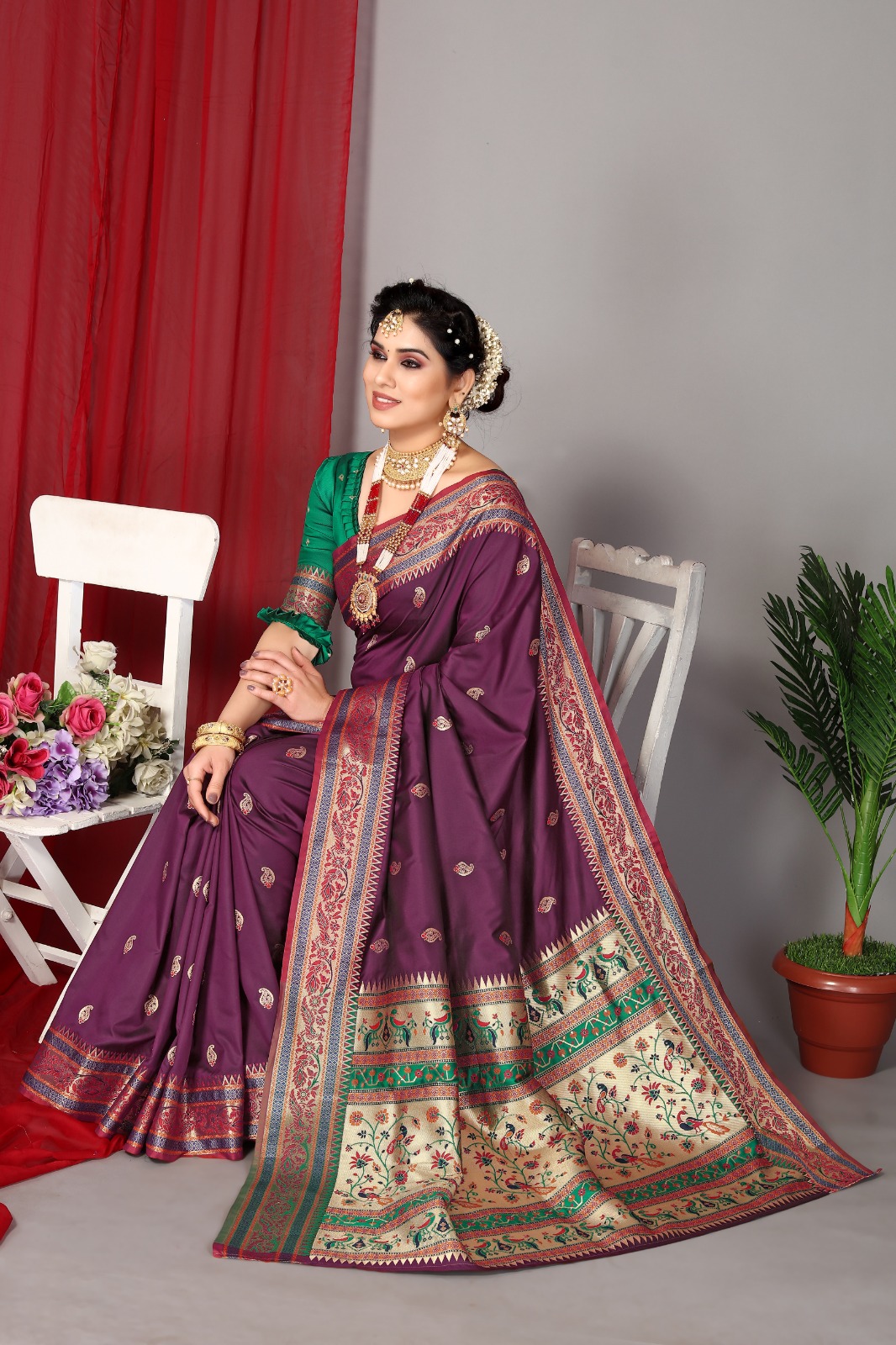 Banarasi Soft Paithani Silk Rich Zari Meena Weaved Body And Pallu Saree