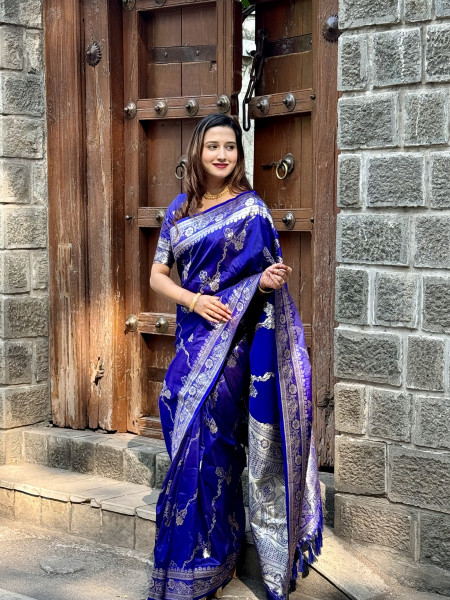 Image of Royal Blue Premium Banarasi Silk Silver Zari Jaal Weaved Rich Pallu Border Saree