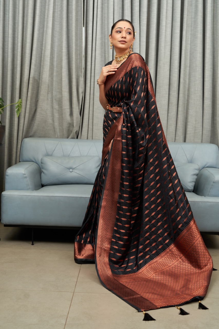 Pure Banarasi Silk Copper Zari Weaved Rich Pallu And Border Sarees