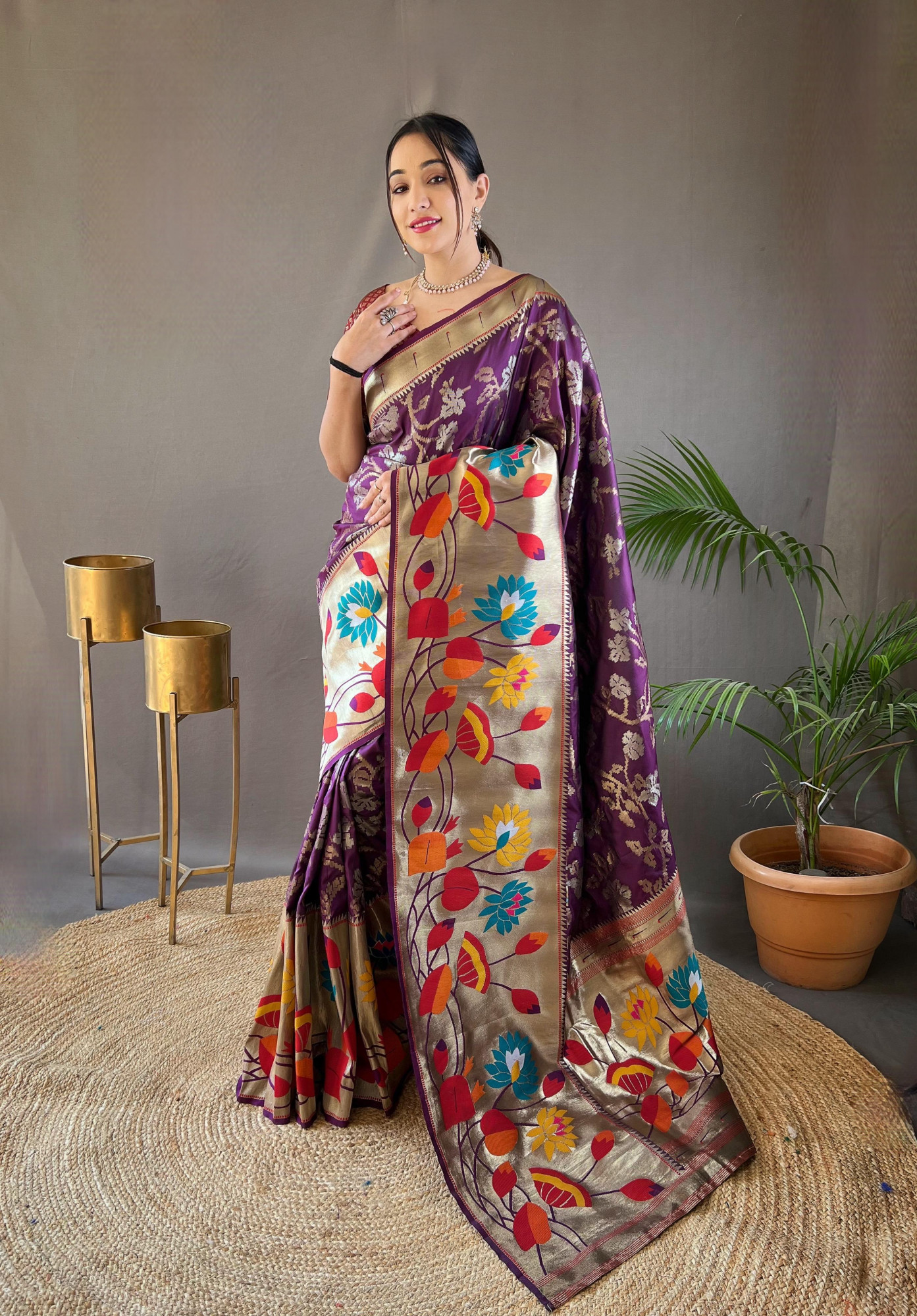 Dark Purple Banarasi Paithani Silk Rich Zari Meenakari Weaved Saree