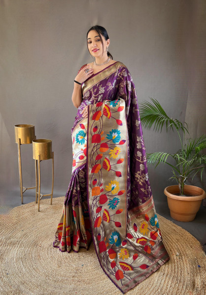 Image of Dark Purple Banarasi Paithani Silk Rich Zari Meenakari Weaved Saree
