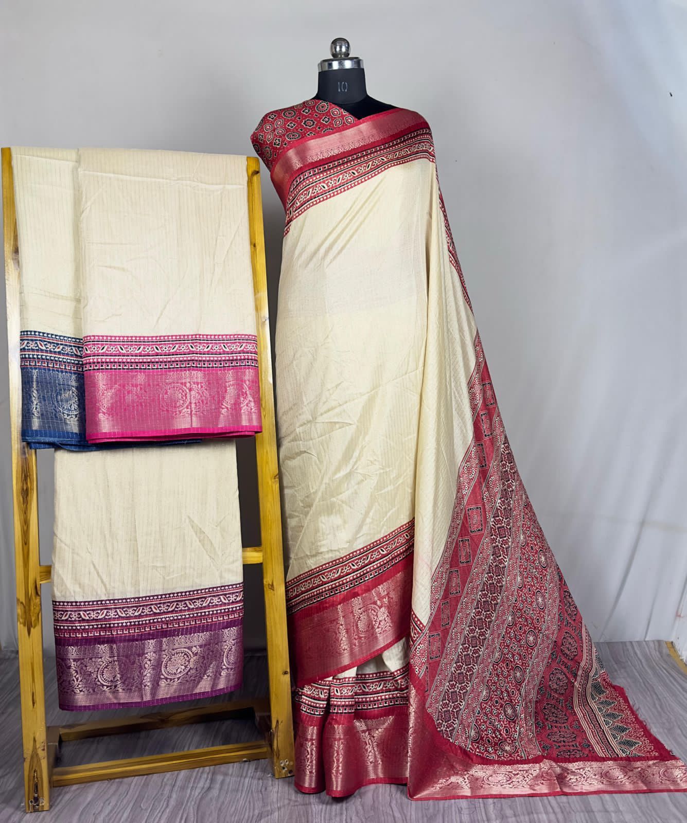 Cream Pure Dola Rico Silk Zari Weaved Blue Border Saree