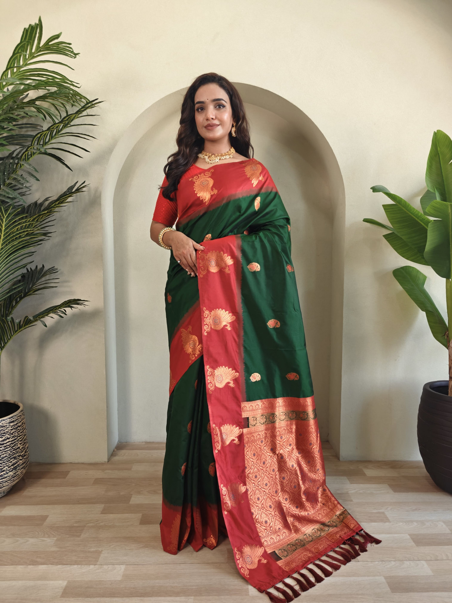 Bottle Green Banarasi Silk All Over Zari Weaved Body Motifs Border Rich Pallu Saree