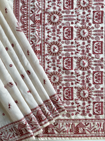 Image of Off White Pure Tussar Maroon Resham Embroidery Work Saree