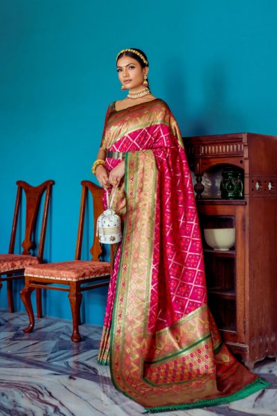 Image of Pure Banarasi Patola Silk All Over Meena And Zari Weaved Rich Pallu Border Saree