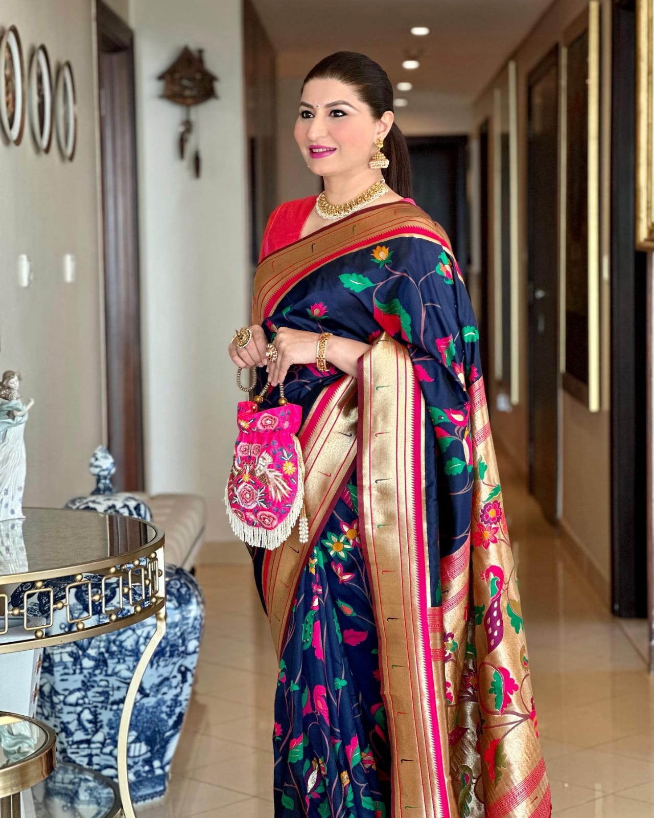 Pure Banarasi Silk Paithani Zari Meena Kari Weaved Rich Pallu Sarees