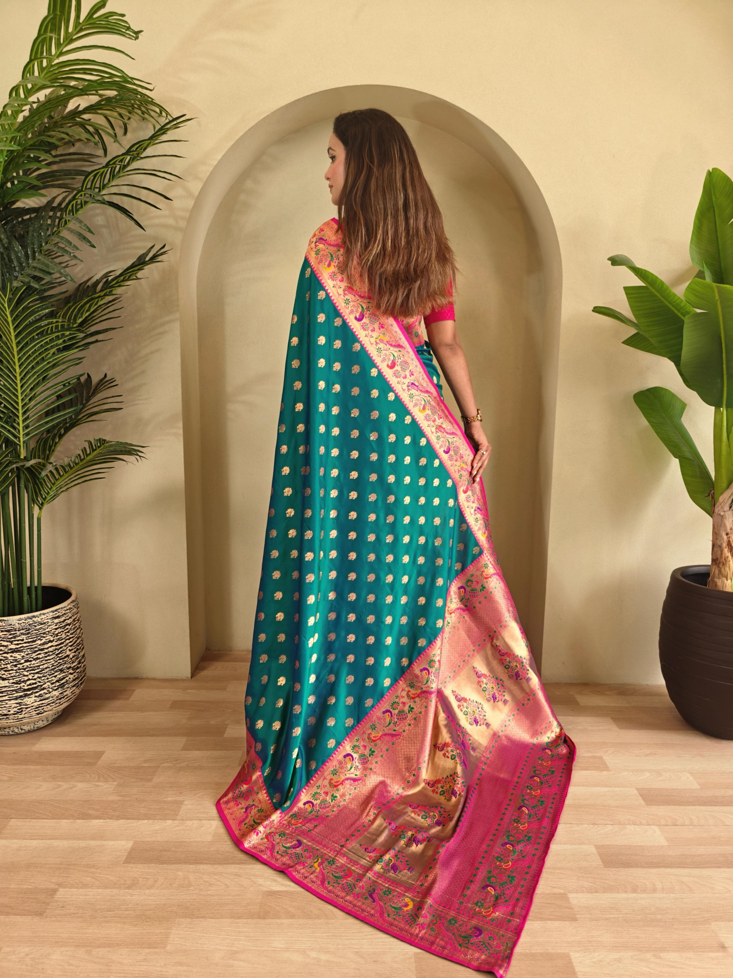 Jade Green Banarasi Paithani Silk Zari Meena Weaved Contrast Saree