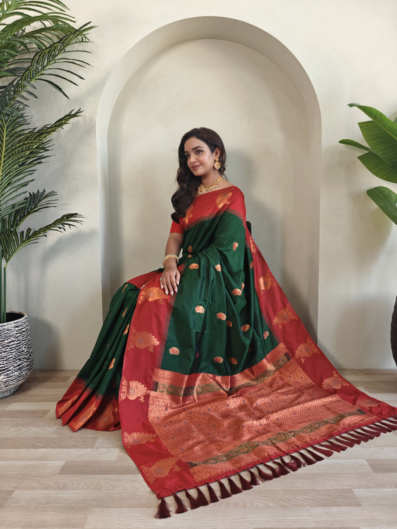 Bottle Green Banarasi Silk All Over Zari Weaved Body Motifs Border Rich Pallu Saree