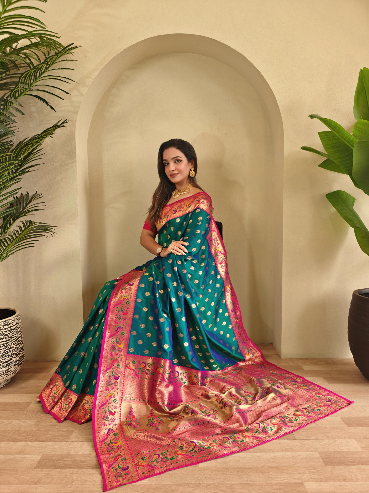 Jade Green Banarasi Paithani Silk Zari Meena Weaved Contrast Saree