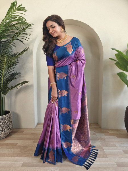 Image of Lavender Banarasi Silk Zari Weaved Body Motifs Border Rich Pallu Saree