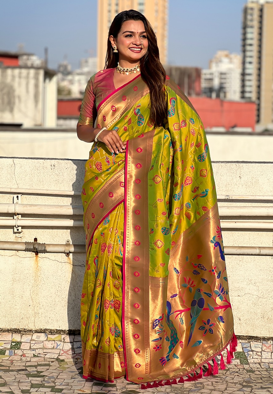 Mehendi Green Pure Banarasi Paithani Silk Zari Meena Weaved Saree