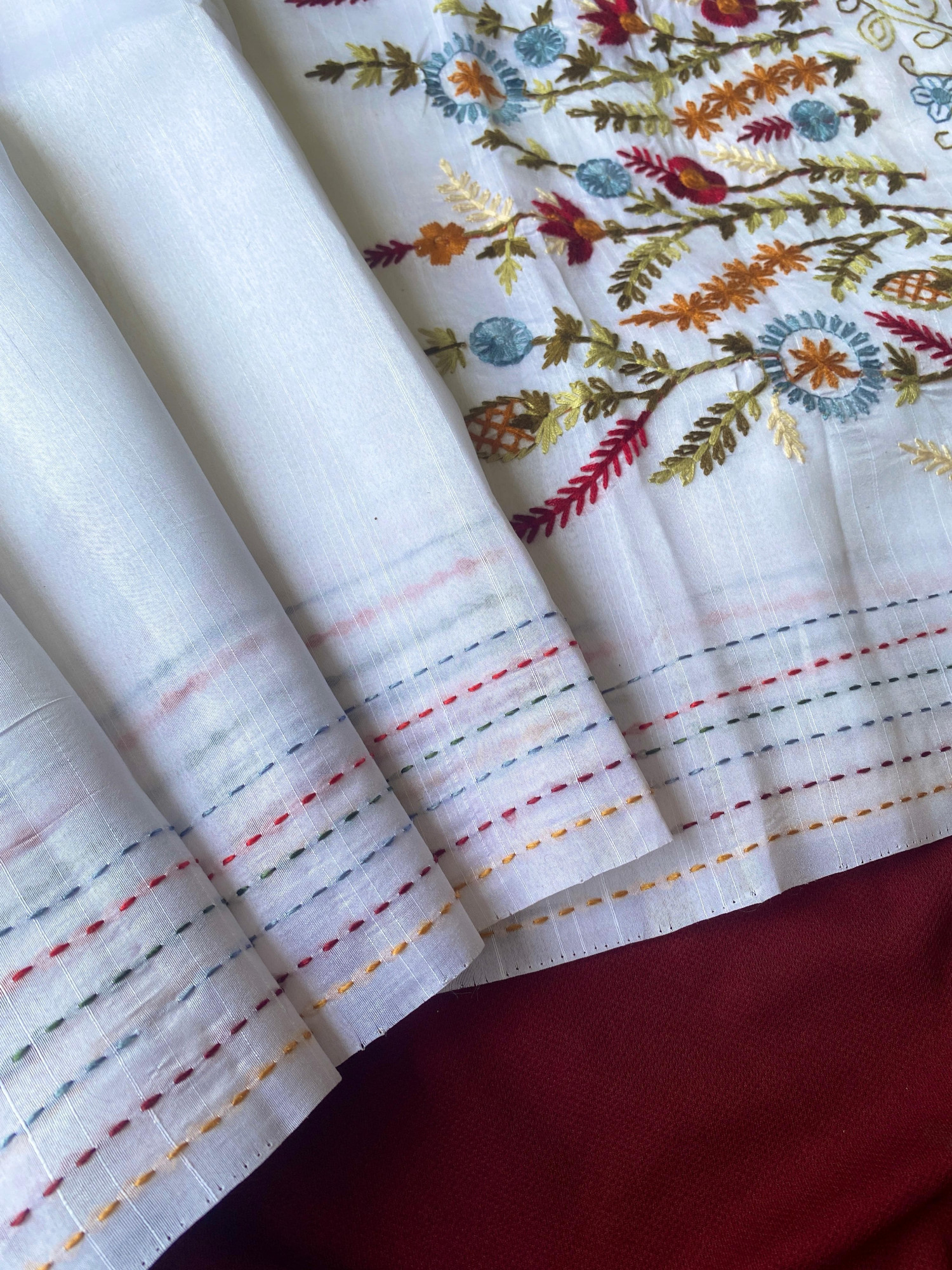 Pure White Premium Tussar Silk Multi Embroidered Saree