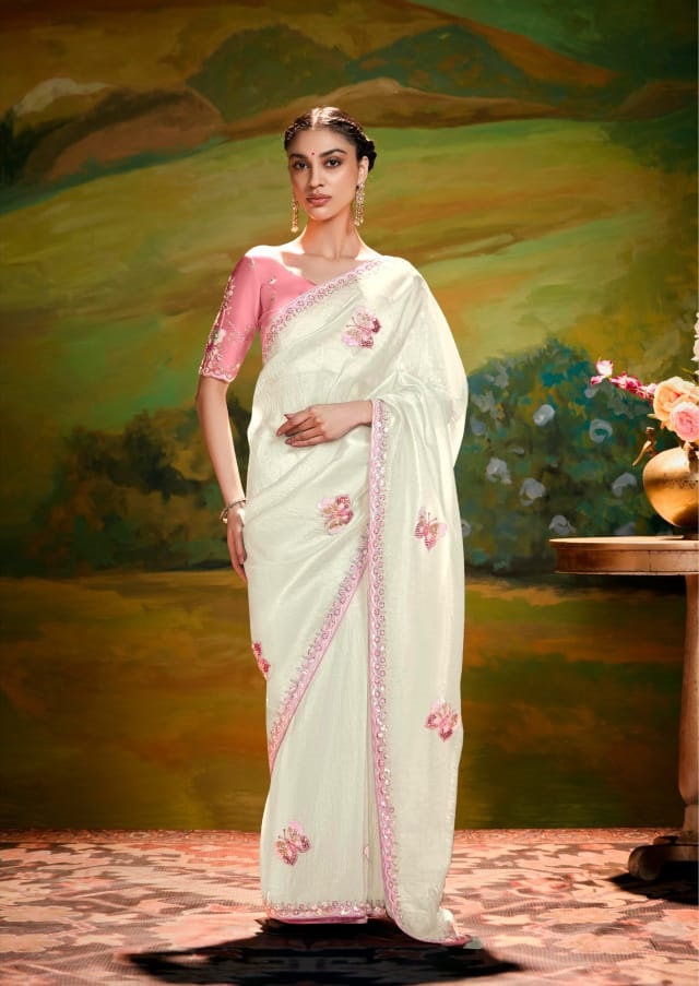Off-White Pure Tissue Organza Embroidered Sequence Worked Saree