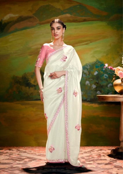Image of Off-White Pure Tissue Organza Embroidered Sequence Worked Saree
