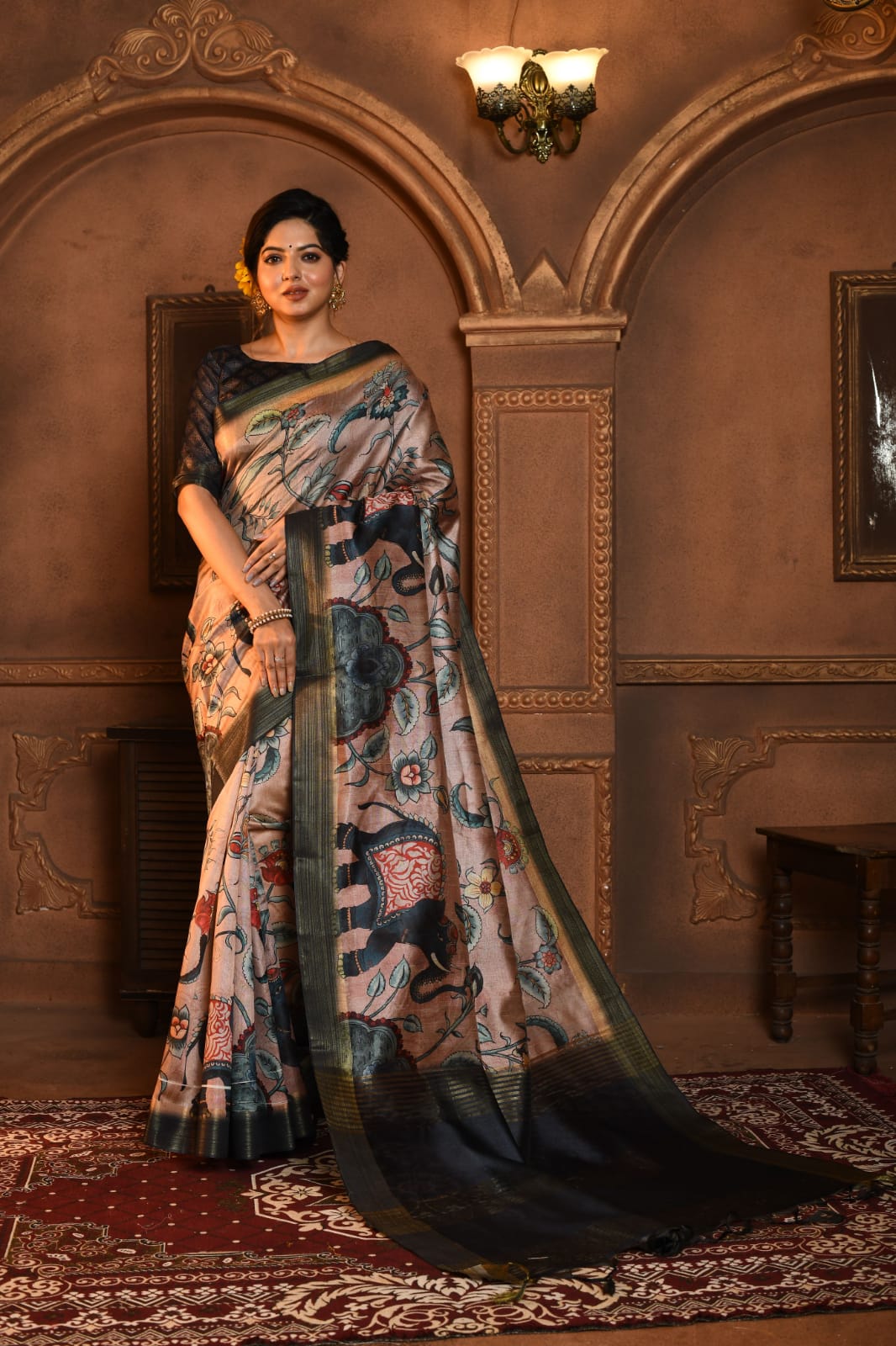 Ghicha Tussar Silk All Over Kalamkari Print Rich Zari Pallu Saree