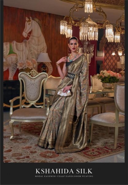 Image of Modal Silk Kashmiri Chaap Handloom Rich Zari Weaved Saree