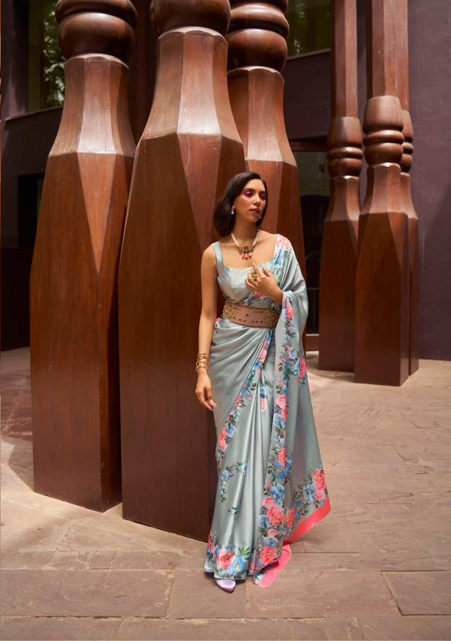 Pure Satin Crepe Digital Printed All Over With Fancy Blouse Saree