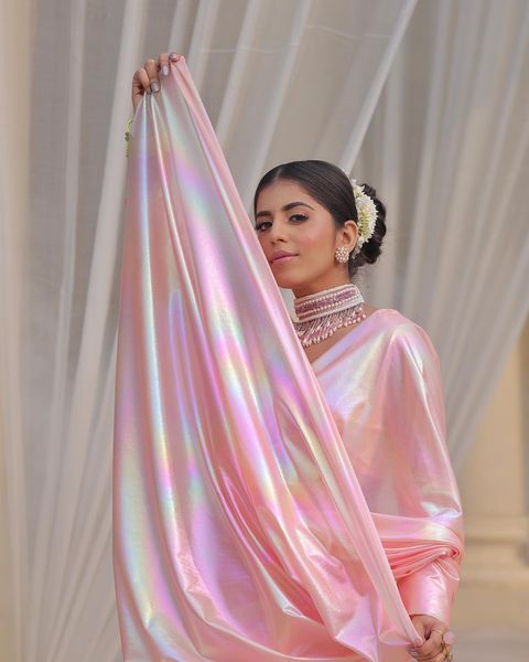 Lilac Chrome Satin Silk All Over Rainbow Shades Saree