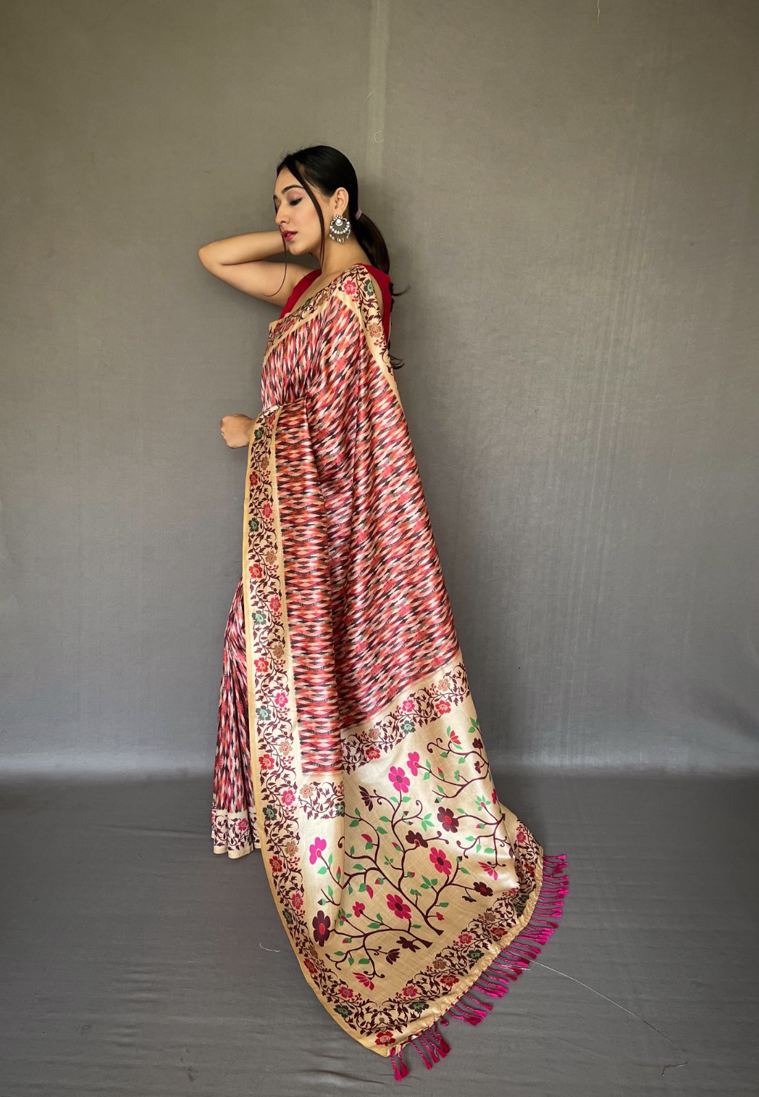 Soft Silk Paithani Style Printed All Over With Tassels On Pallu Saree