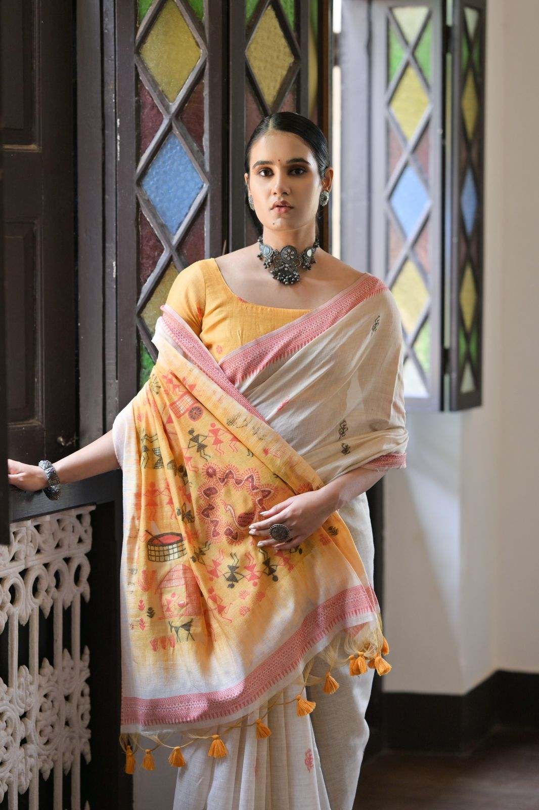 Beige Pure Muga Cotton Contrast Weaved Gold Pallu Saree