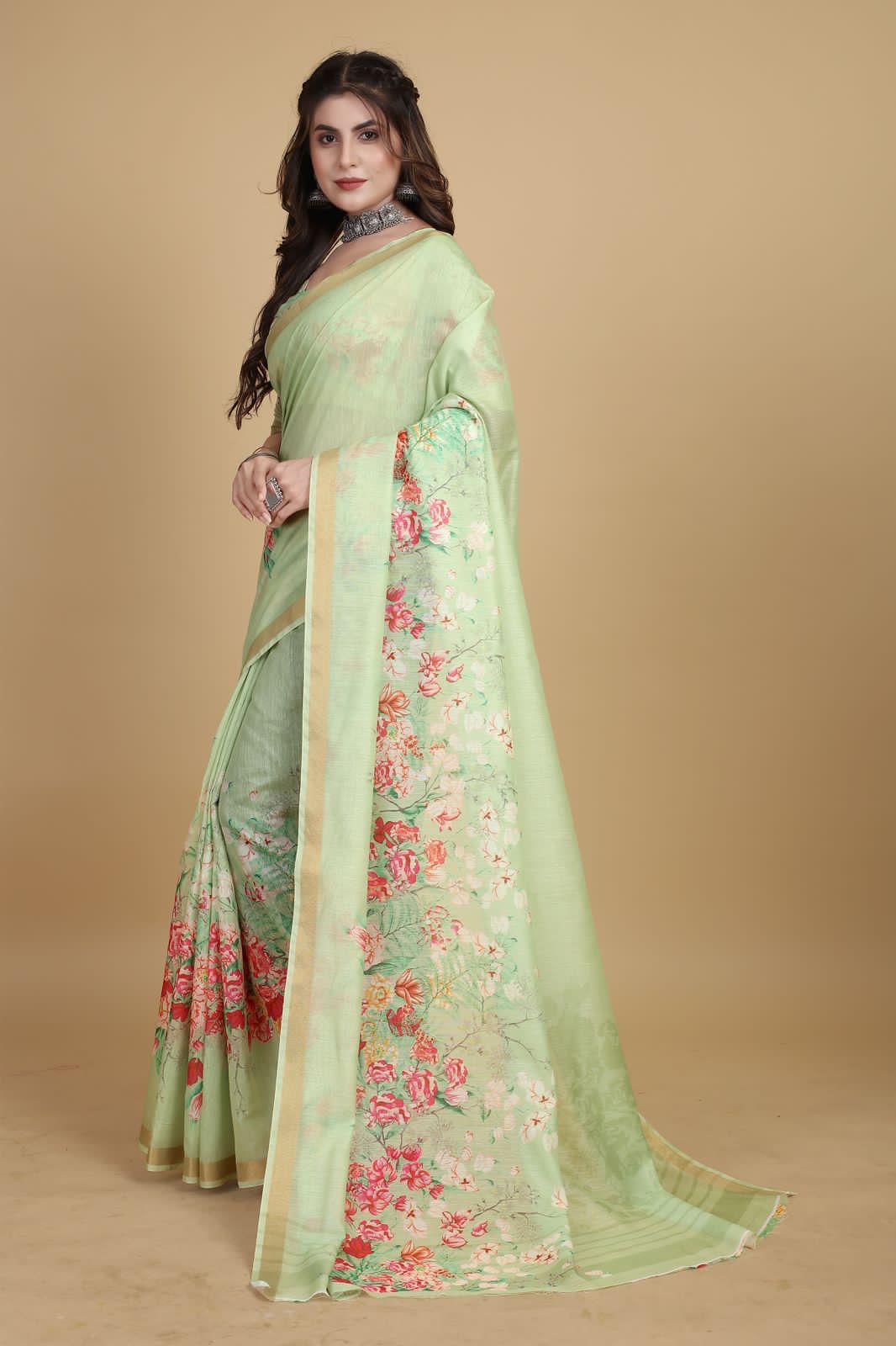 Pure Linen Digital Floral Printed With Tiny Zari Border Saree