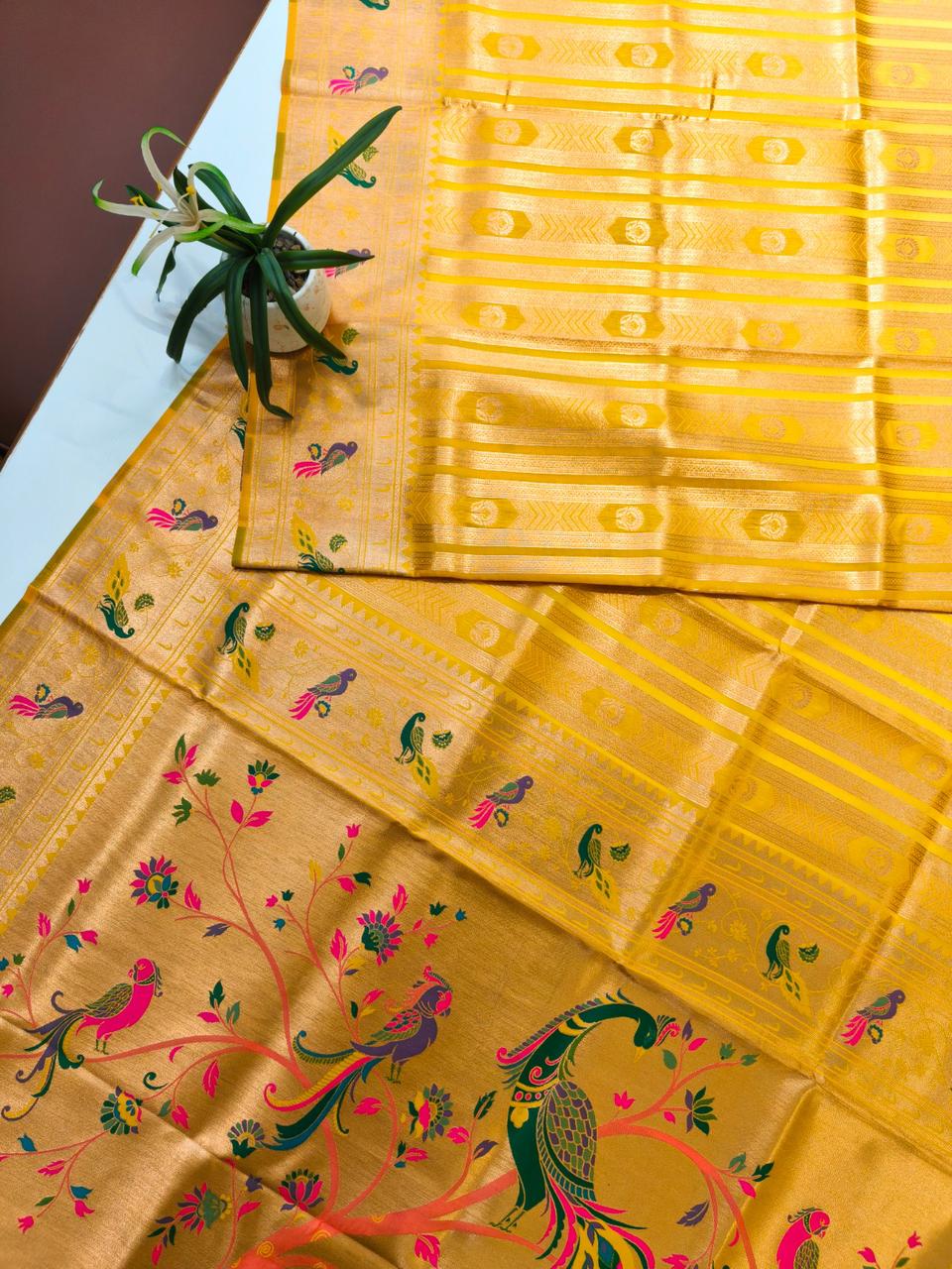 Gold Premium Soft Paithani Silk Rich Zari Meena Weaved Saree