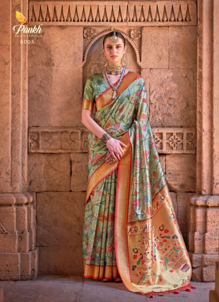 Image of Banarasi Paithani Silk Printed Body Zari Weaved Pallu Saree